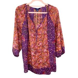 Chaps Paisley Blouse Women XL Flowy Boho Mixed Print Split Neck Purple Orange